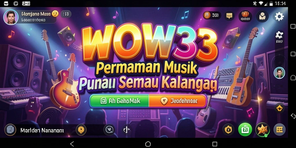 Tampilan gameplay WOW33 yang menampilkan beragam alat musik dan lagu.